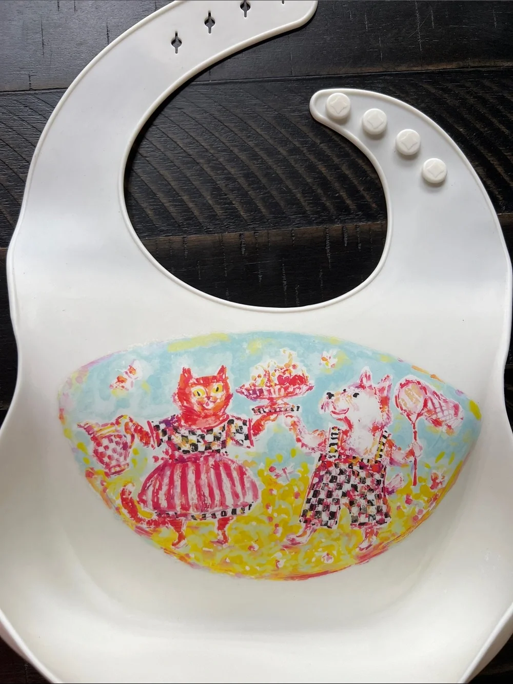 MacKenzie Childs Bow Wow Meow Bouncy Silicone Bib Baby & Snowman Bib